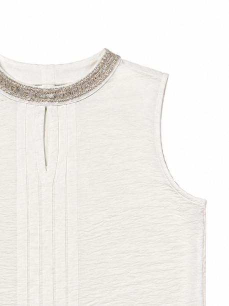 Women Rhinestone‑Trim Round‑Neck Sleeveless Top W-38322