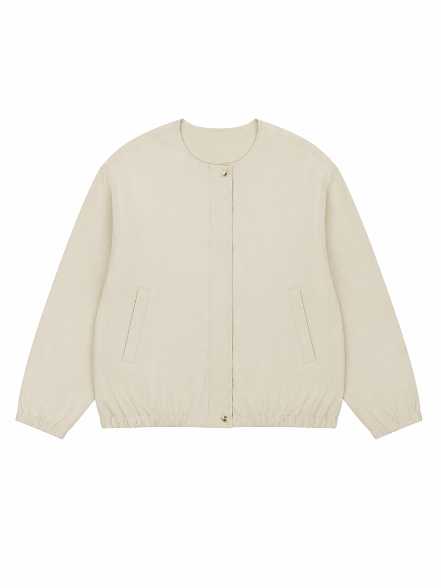 Women Beige Collarless Bomber‑Jacket W-43084