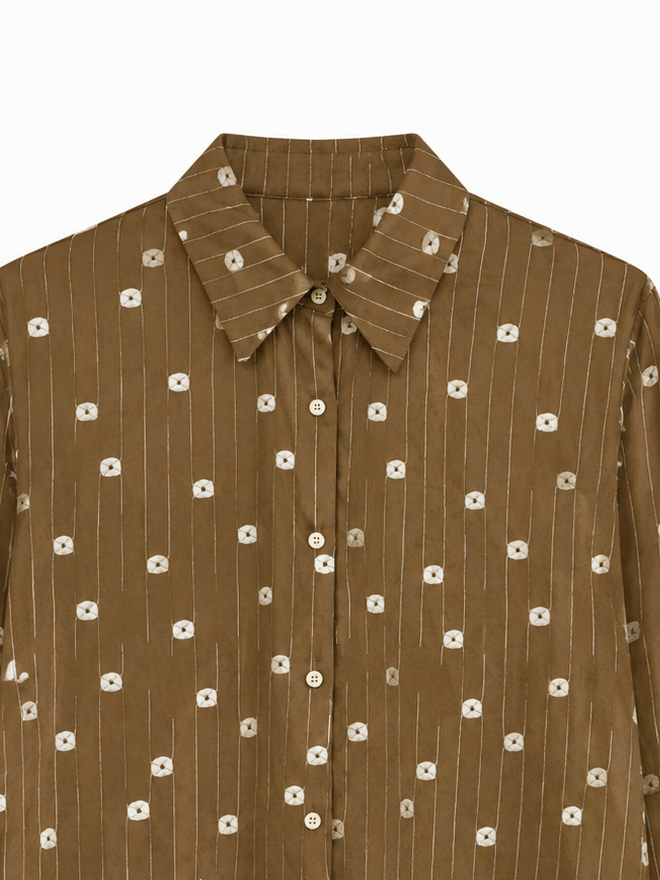 Elegant Striped‑Floral Button‑Front Blouse W-43108