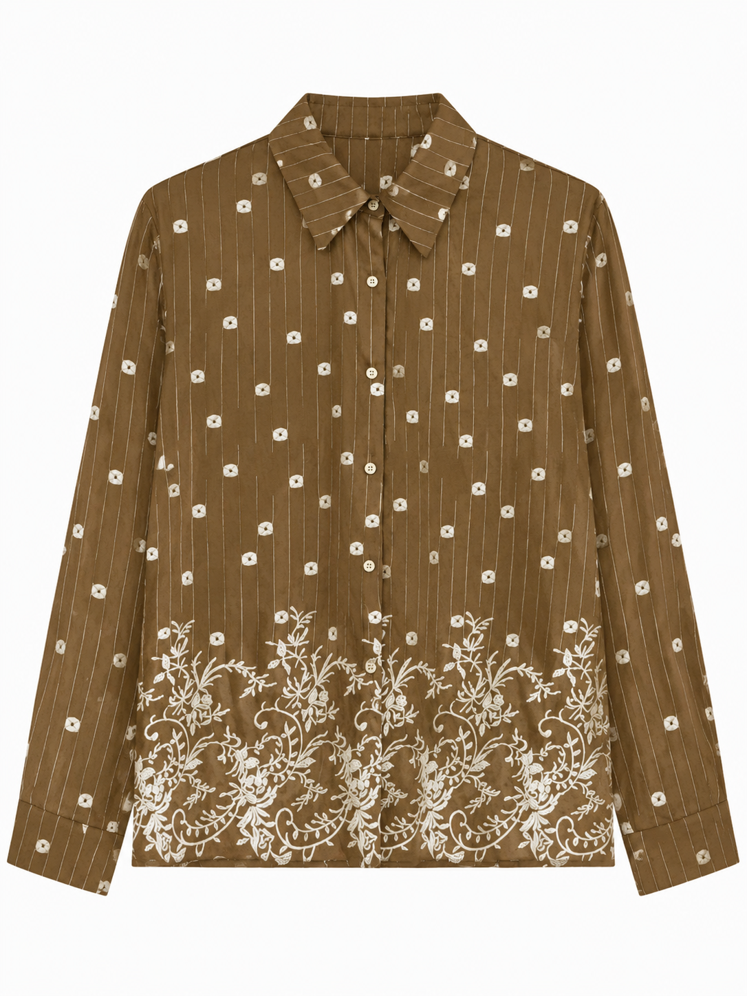Elegant Striped‑Floral Button‑Front Blouse W-43108
