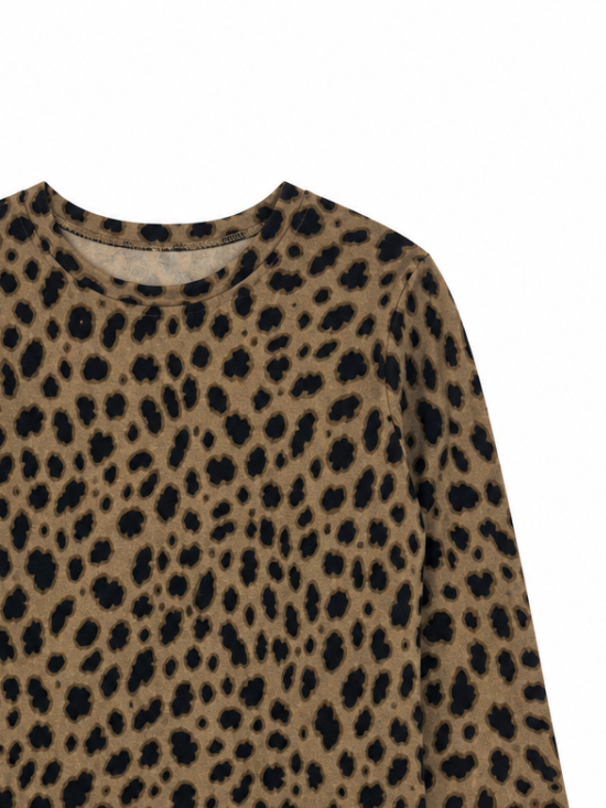 Women Leopard‑Print Crew‑Neck Long‑Sleeve Top W-43113