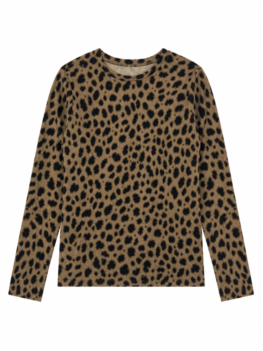 Women Leopard‑Print Crew‑Neck Long‑Sleeve Top W-43113