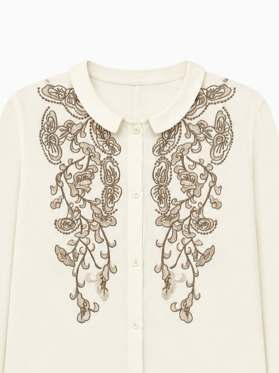 Women Cream Floral‑Embroidered Long‑Sleeve Shirt W-43114