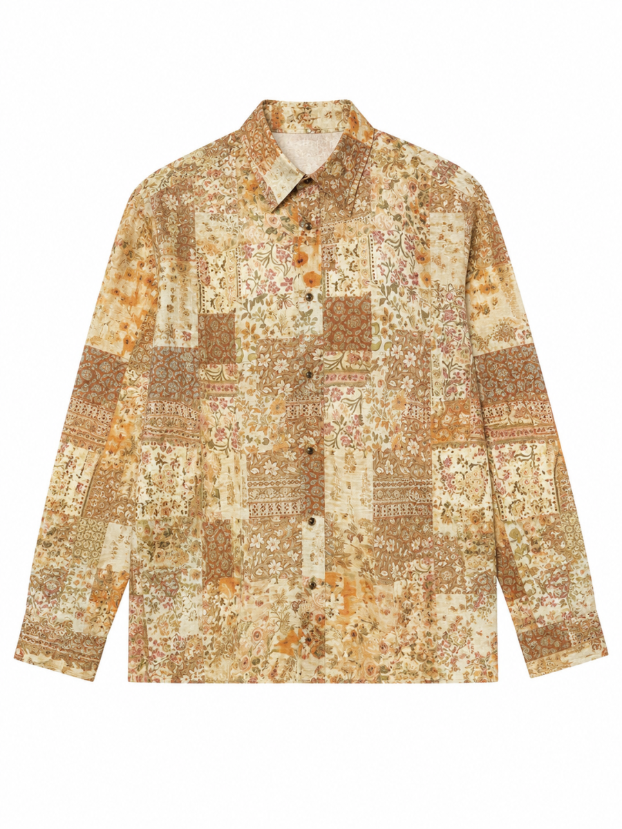 Women Boho Patchwork‑Floral‑Print Long‑Sleeve Shirt W-43132