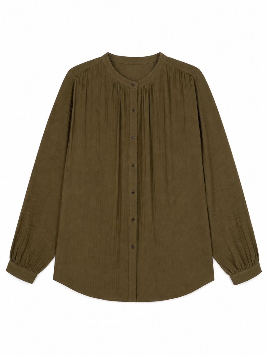 Chic Boho Gathered‑Neck Button‑Front Shirt W-43202
