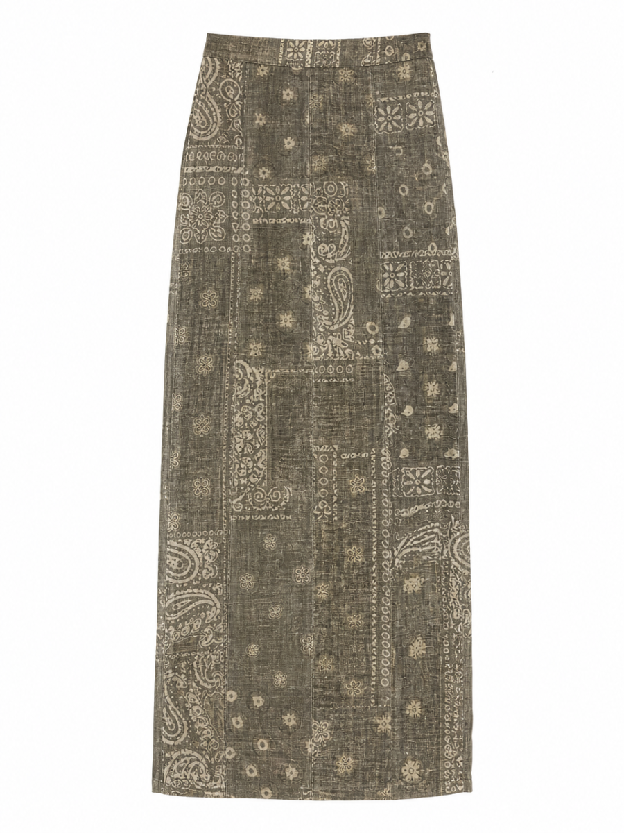Elegant Retro Paisley‑Print Long Skirt W-43208