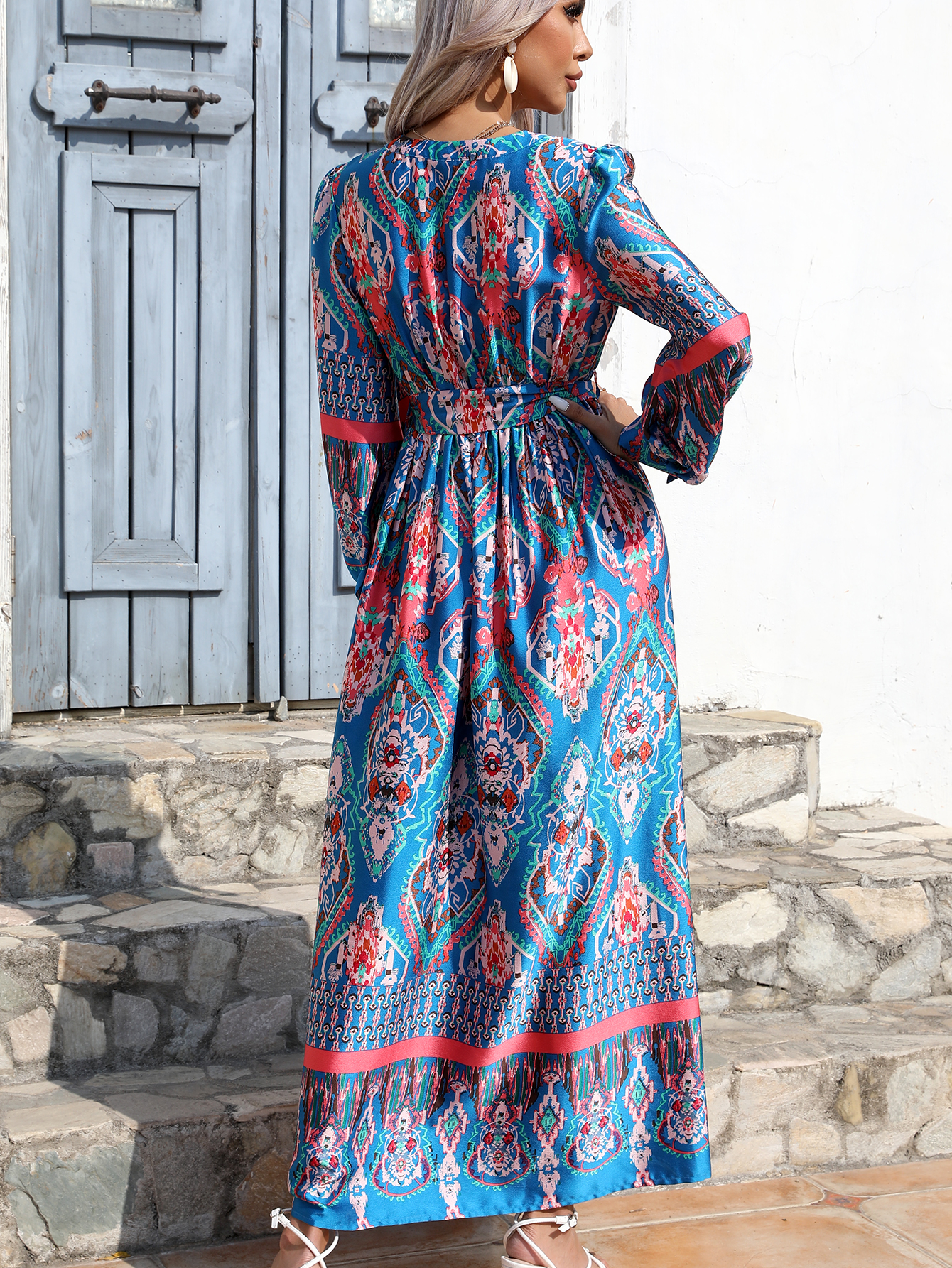 Women’s Ethnic Print V Neck Boho Maxi Dress M-34335