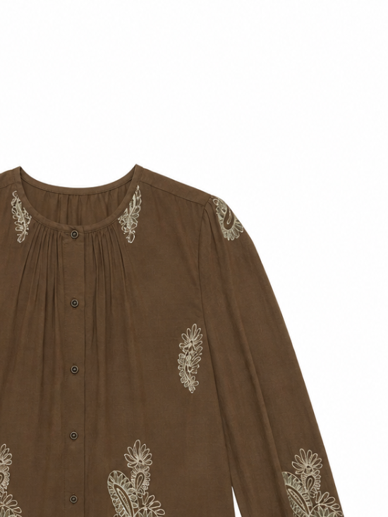 Vintage Bohemian Floral‑Embroidery Shirt W-43354