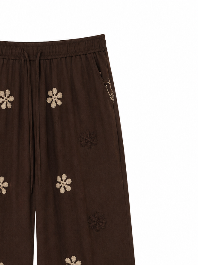 Women Dark‑Brown Boho Floral‑Embroidered Wide‑Leg Pants W-43457