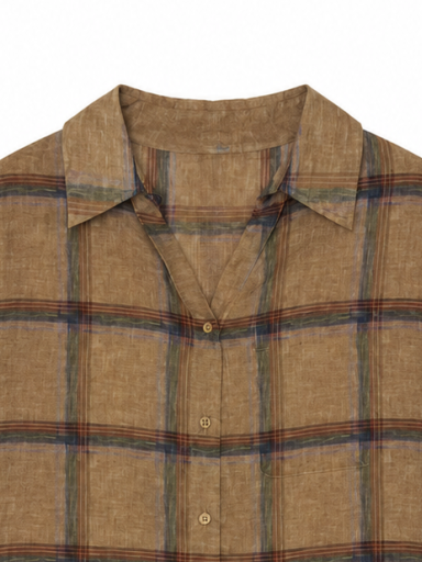 Women Retro Brown‑Tone Plaid Linen Shirt W-43490
