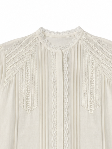 Vintage Lace‑Accent Pintuck Blouse W-43495