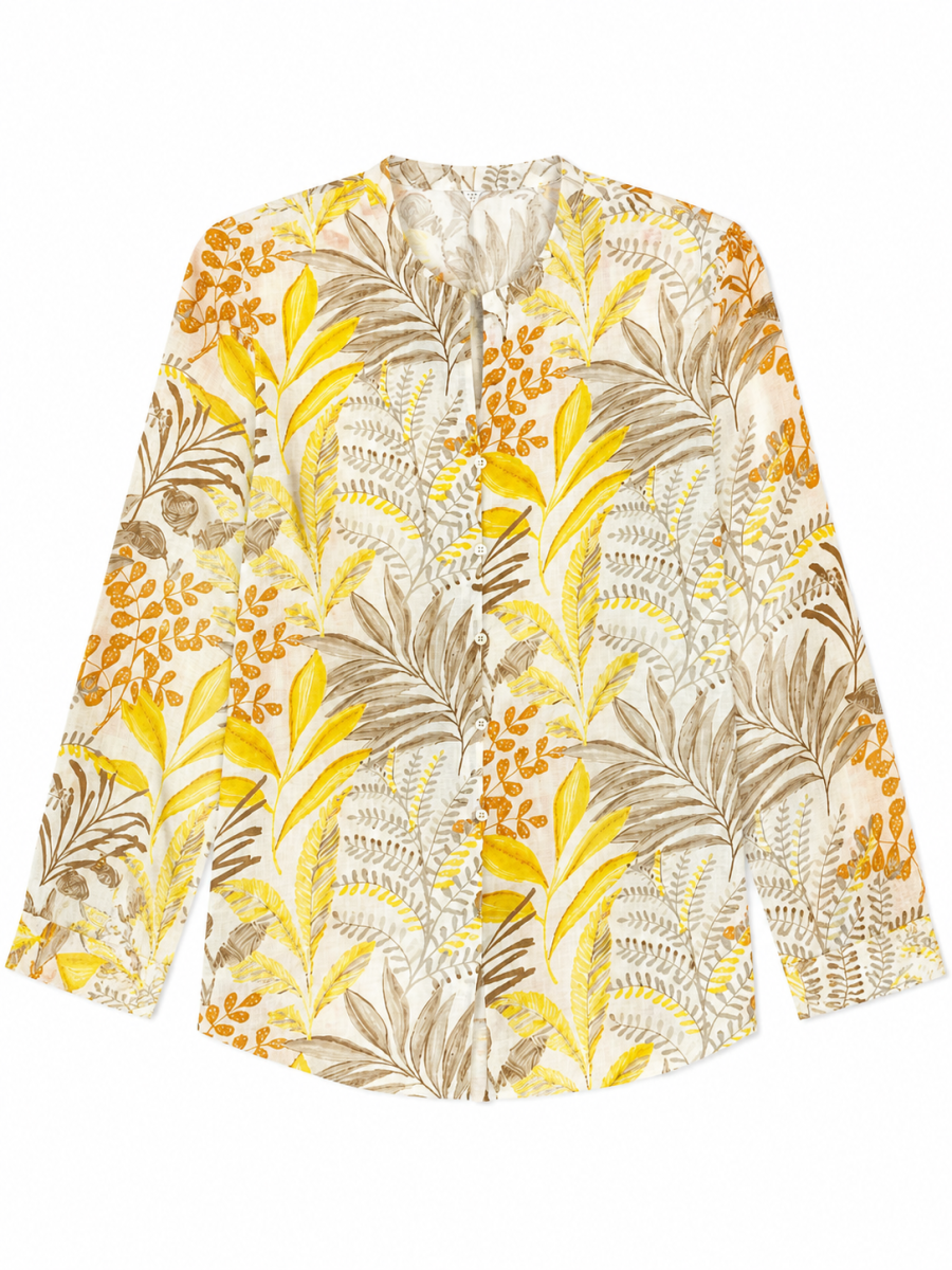Elegant Yellow Plant‑Print Linen‑Look Blouse W-43515