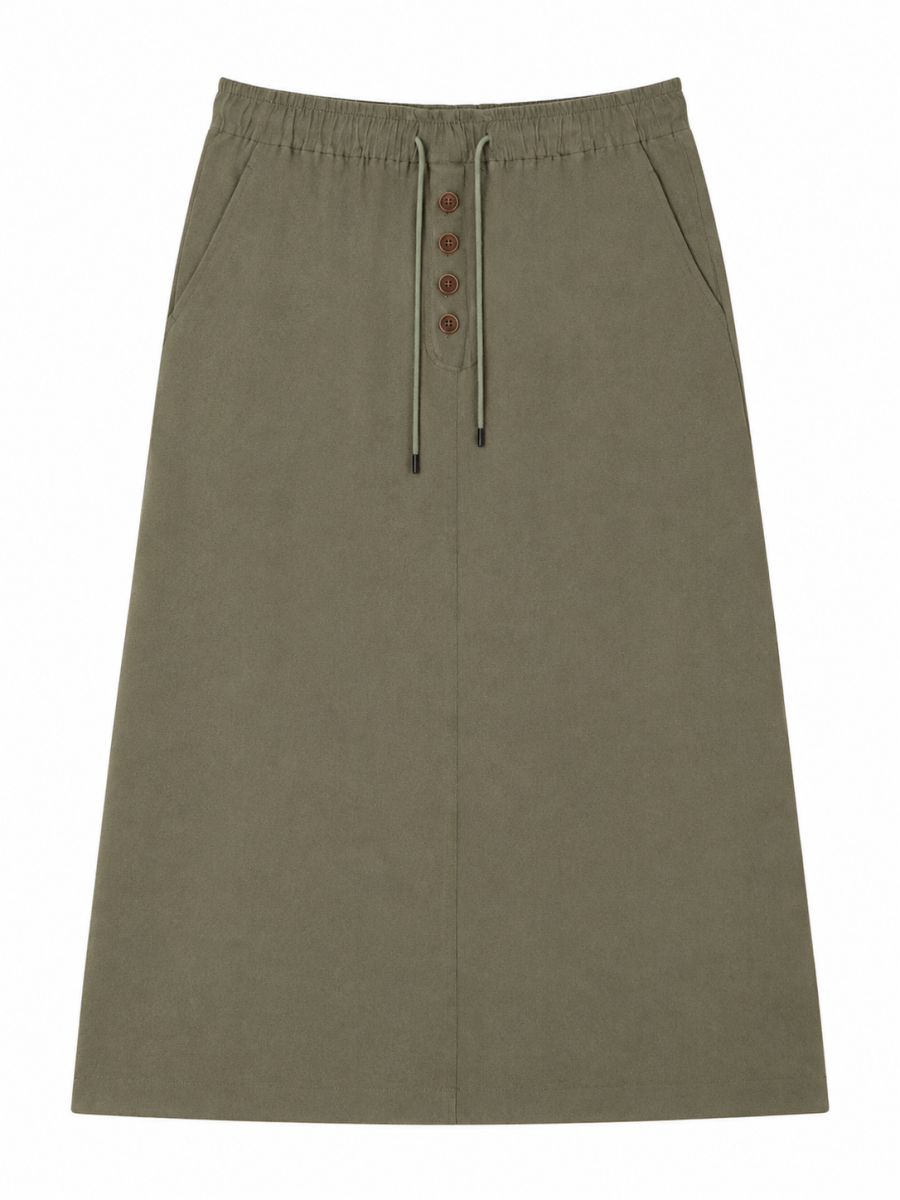 Boho Linen Blend A‑Line Midi Skirt A-42299H