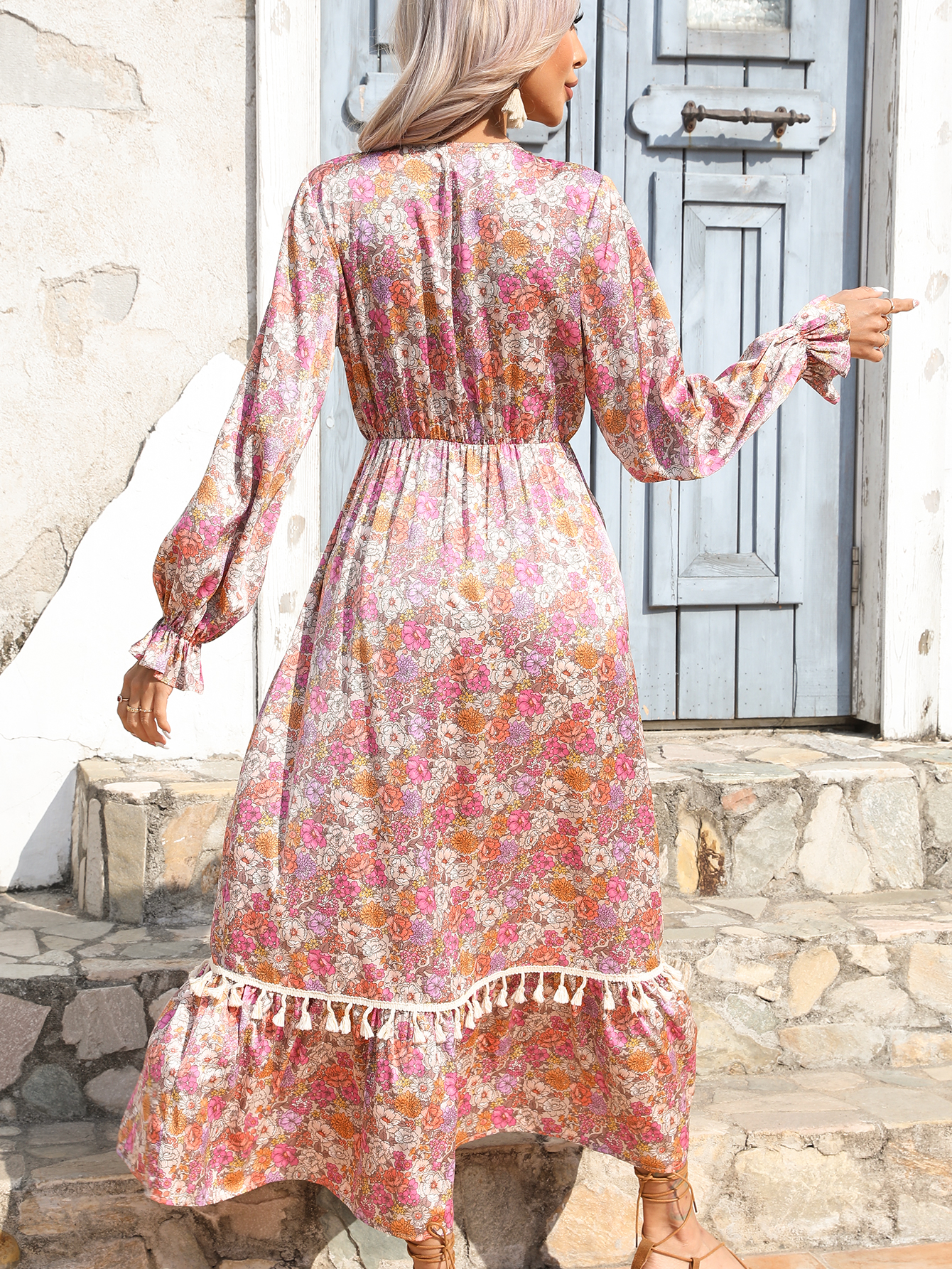 Women’s Floral V Neck Boho Maxi Dress M-34360