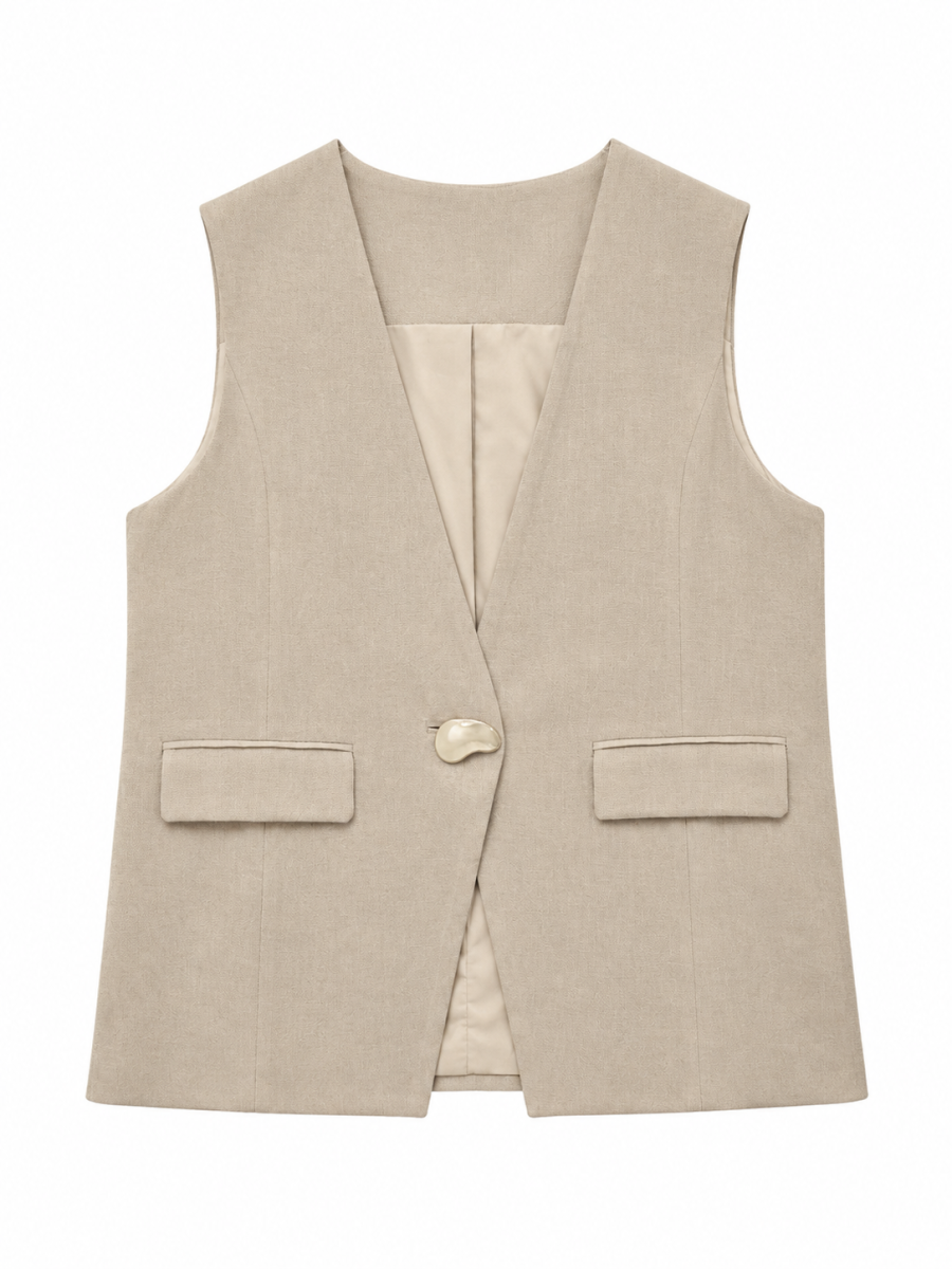 Women Beige Tailored Sleeveless Blazer Vest C-43040