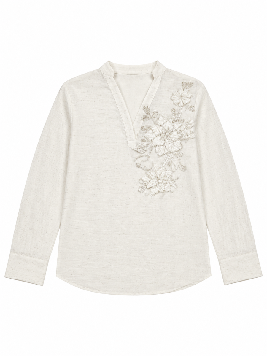 Women Off‑White Linen‑Blend V‑Neck Long Sleeve Blouse M-42895