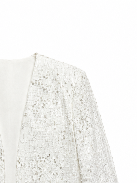 Elegant White Embellished Sequin Tweed Blazer W-35368