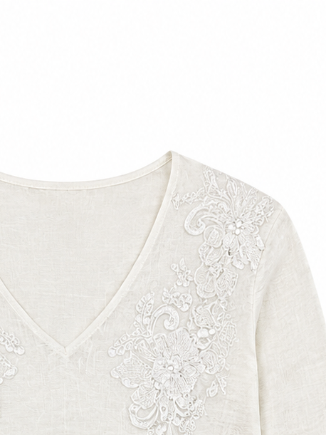 Women Off‑White Linen‑Texture V‑Neck Long Sleeve Top W-39556