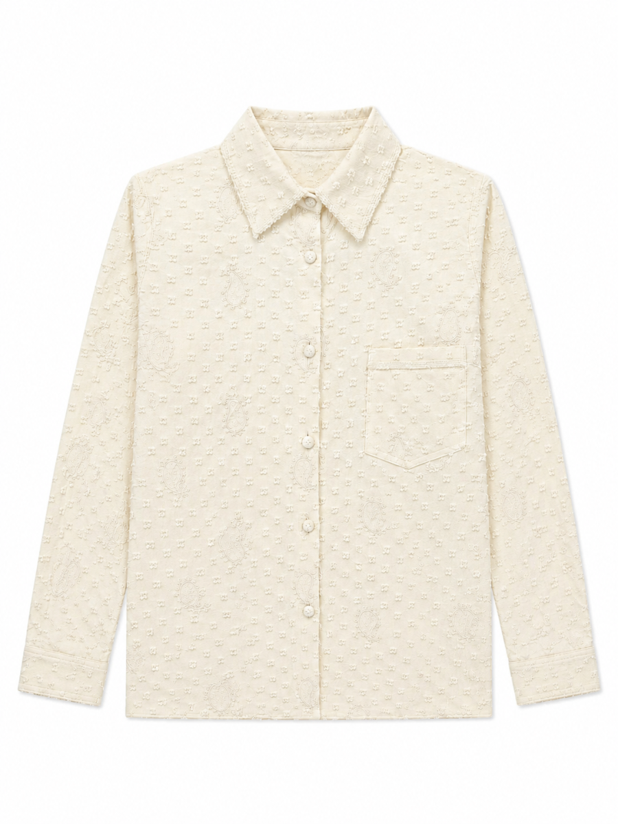 Women Cream Paisley Embroidered Button‑Down Shirt W-43011