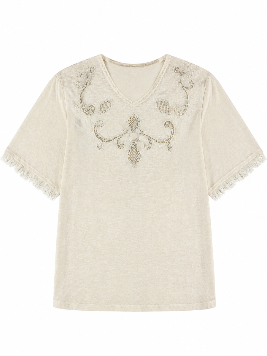 Women Beige Linen‑Blend V‑Neck Short Sleeve Top W-43018