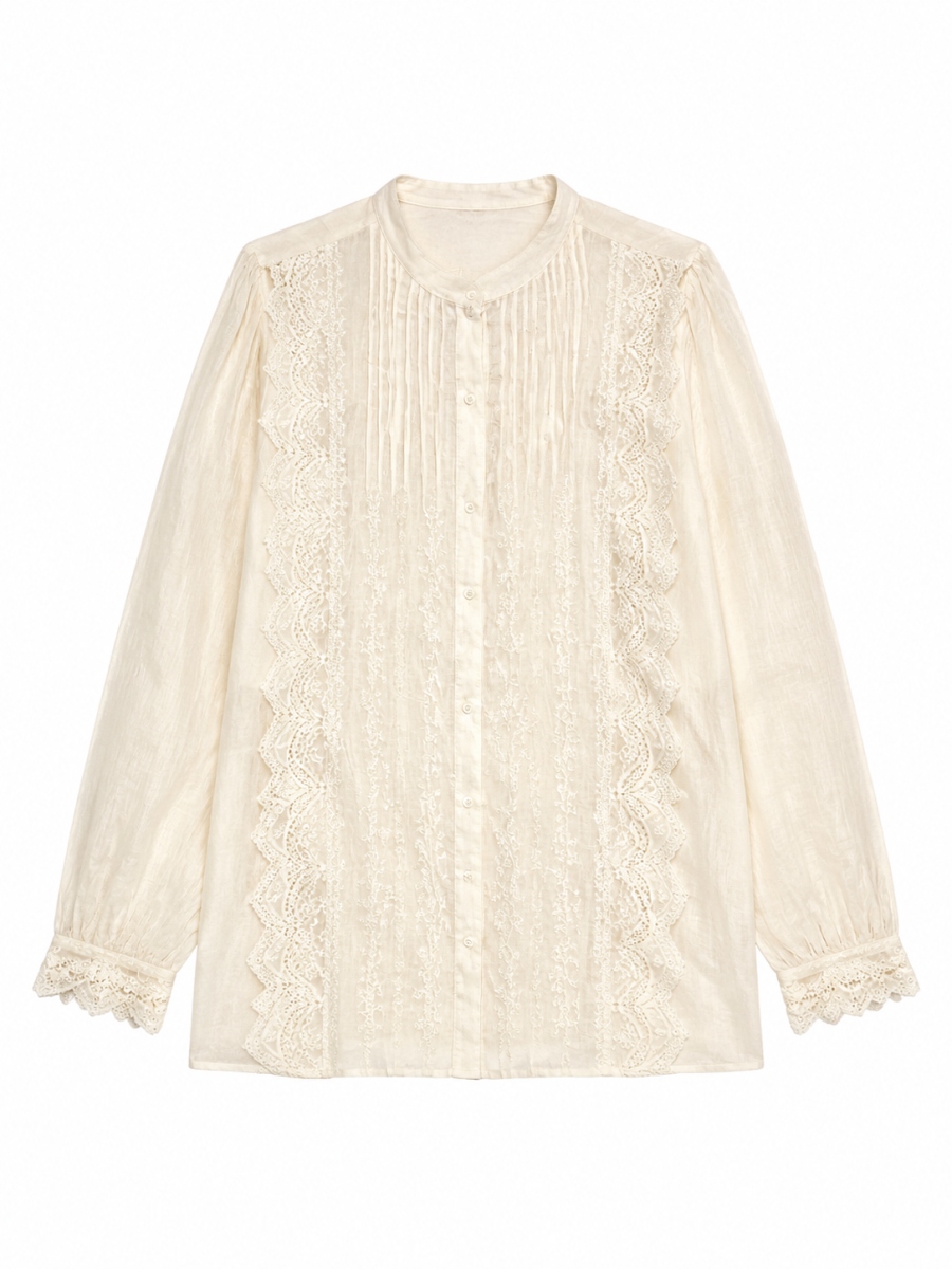 Women Cream Linen Stand‑Collar Long Sleeve Blouse W-43169