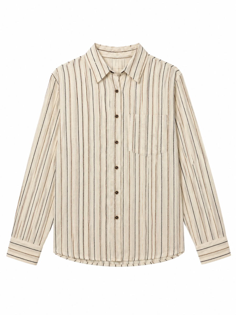 Women Cream Vertical Stripe Linen‑Blend Button‑Down Shirt W-43519