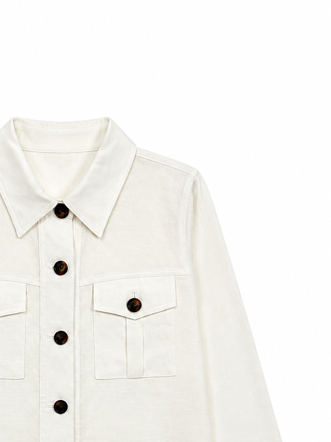 Women White Pure Linen Trucker‑Style Jacket W-43600