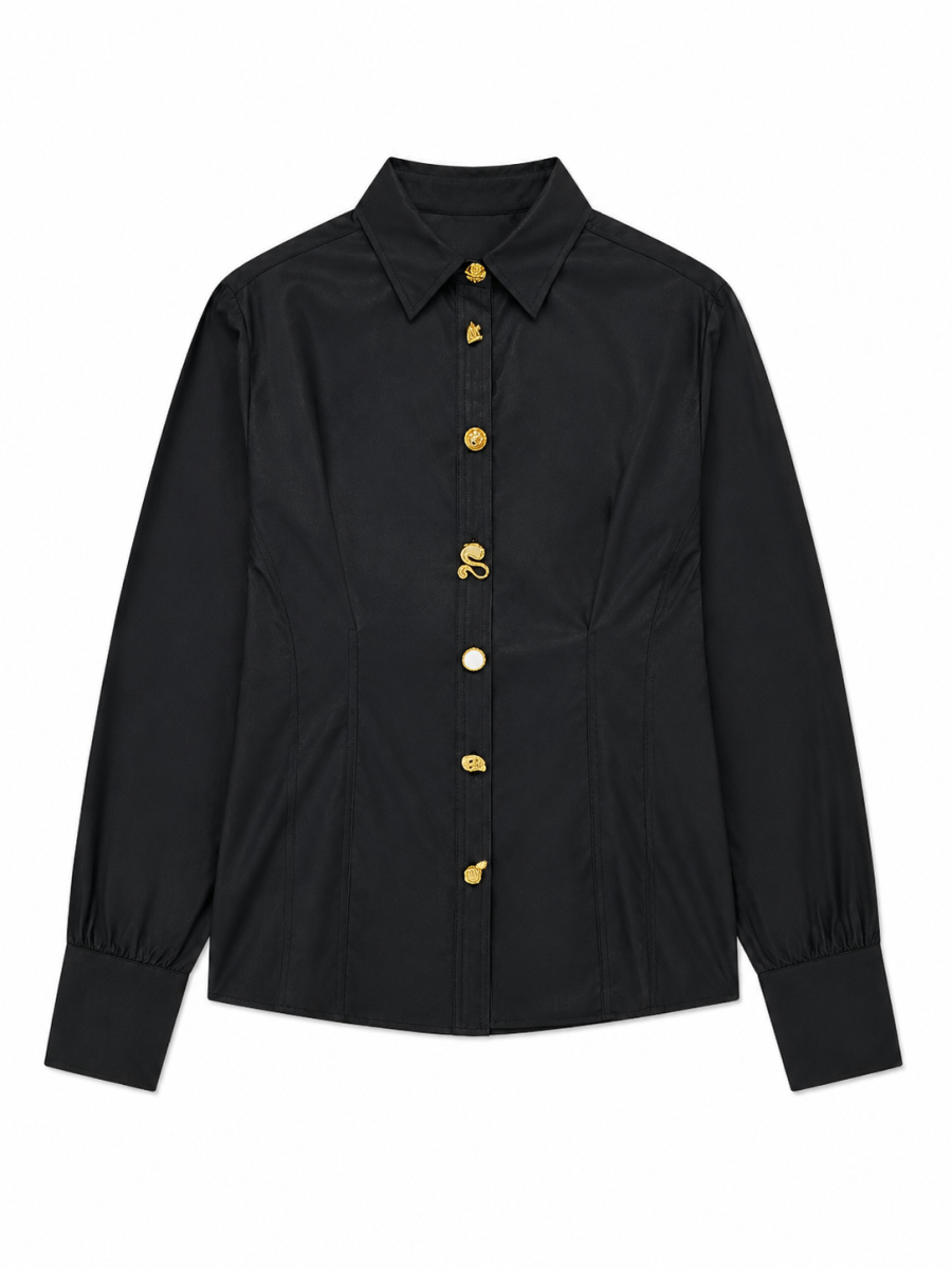 Collared Gold‑Hardware Button‑Front Fitted Blouse C-43618