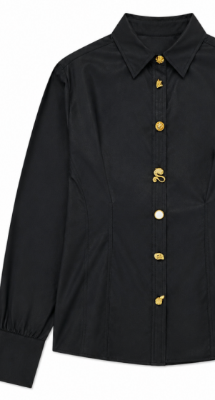 Collared Gold‑Hardware Button‑Front Fitted Blouse C-43618