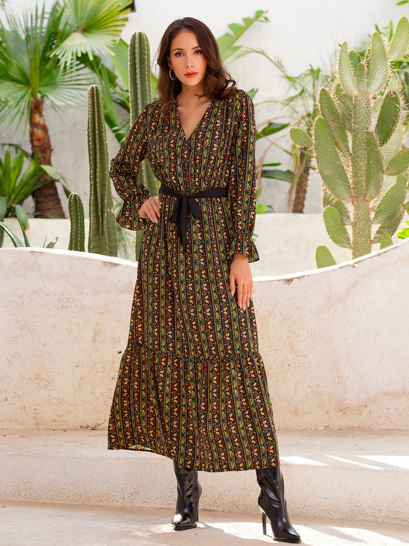 Women’s Boho Ethnic Print Belted Midi Dress W-31408