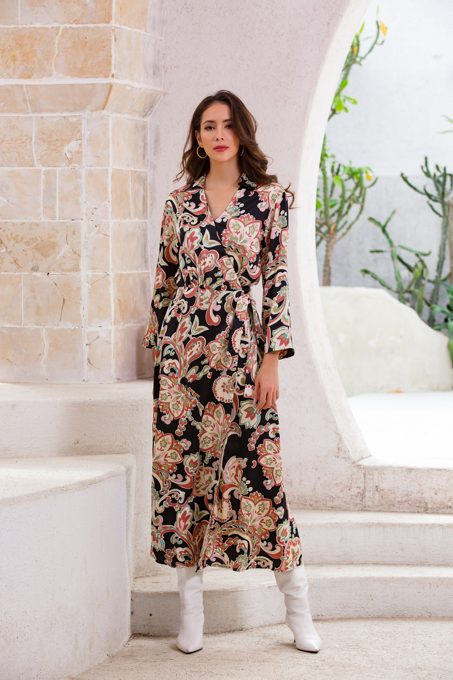 Women’s Vintage Paisley Shirt Collar Belted Midi Dress W-31423