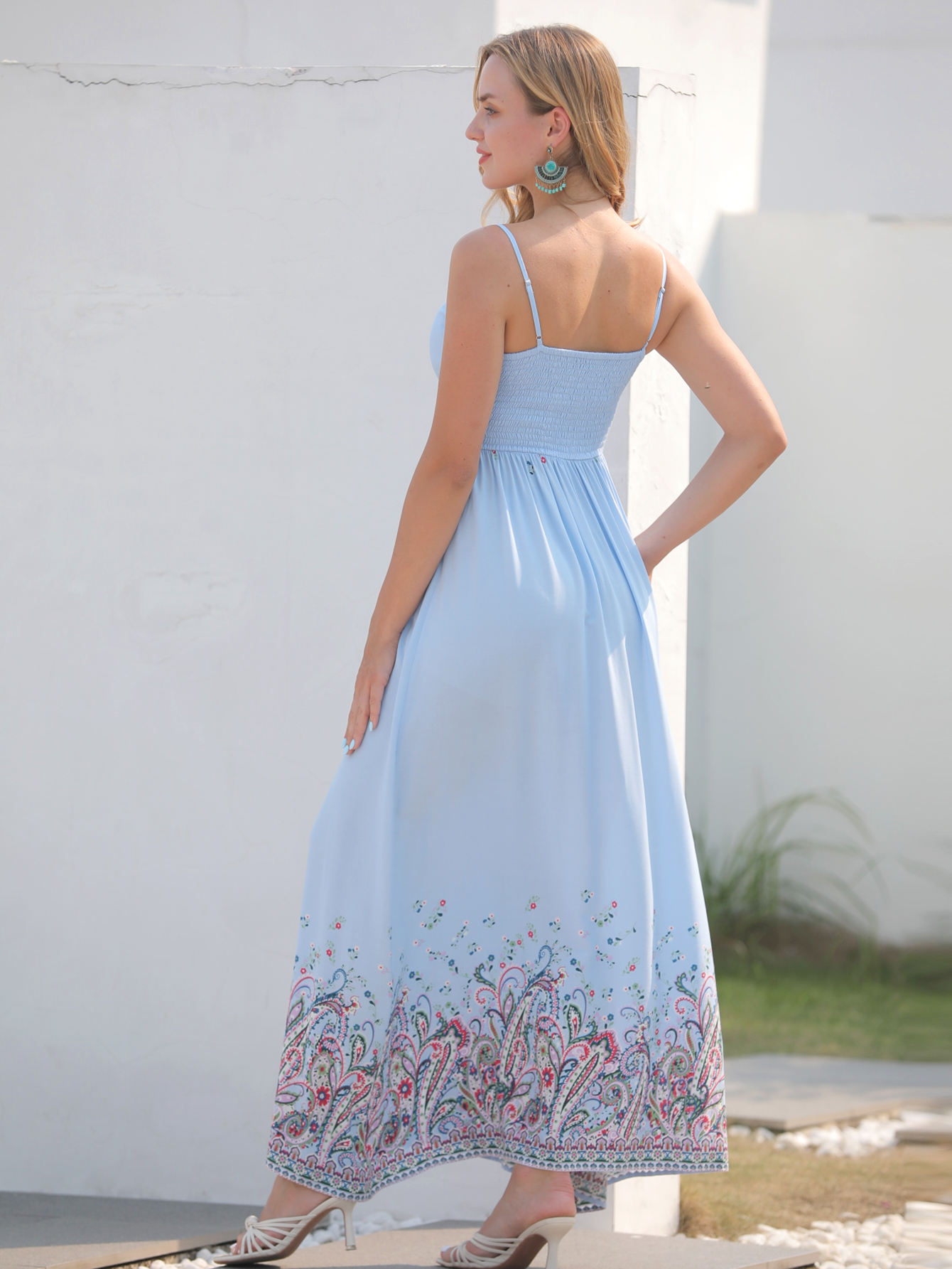 Women’s Boho Print Spaghetti Strap Flowy Maxi Dress W-31584