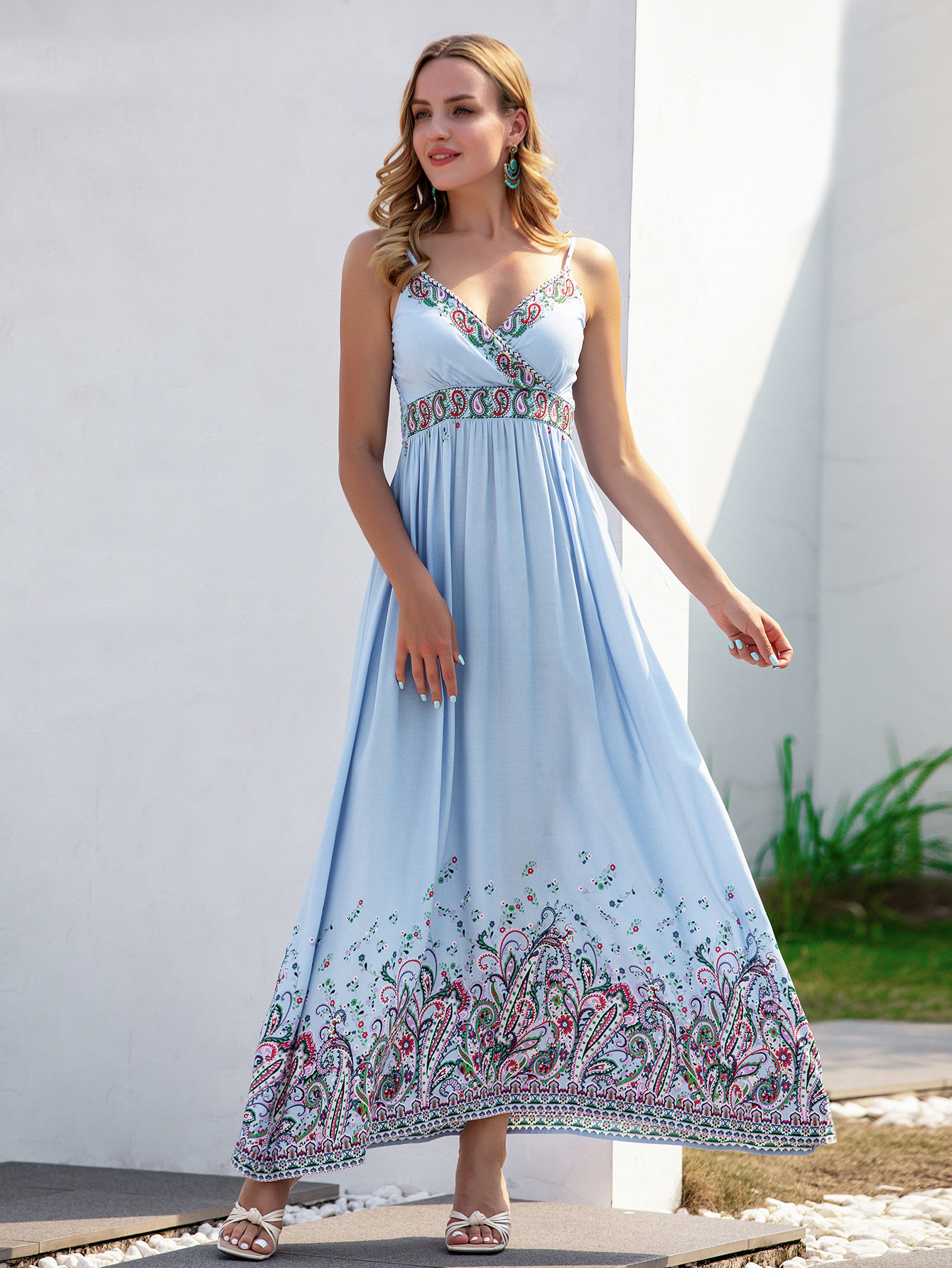 Women’s Boho Print Spaghetti Strap Flowy Maxi Dress W-31584
