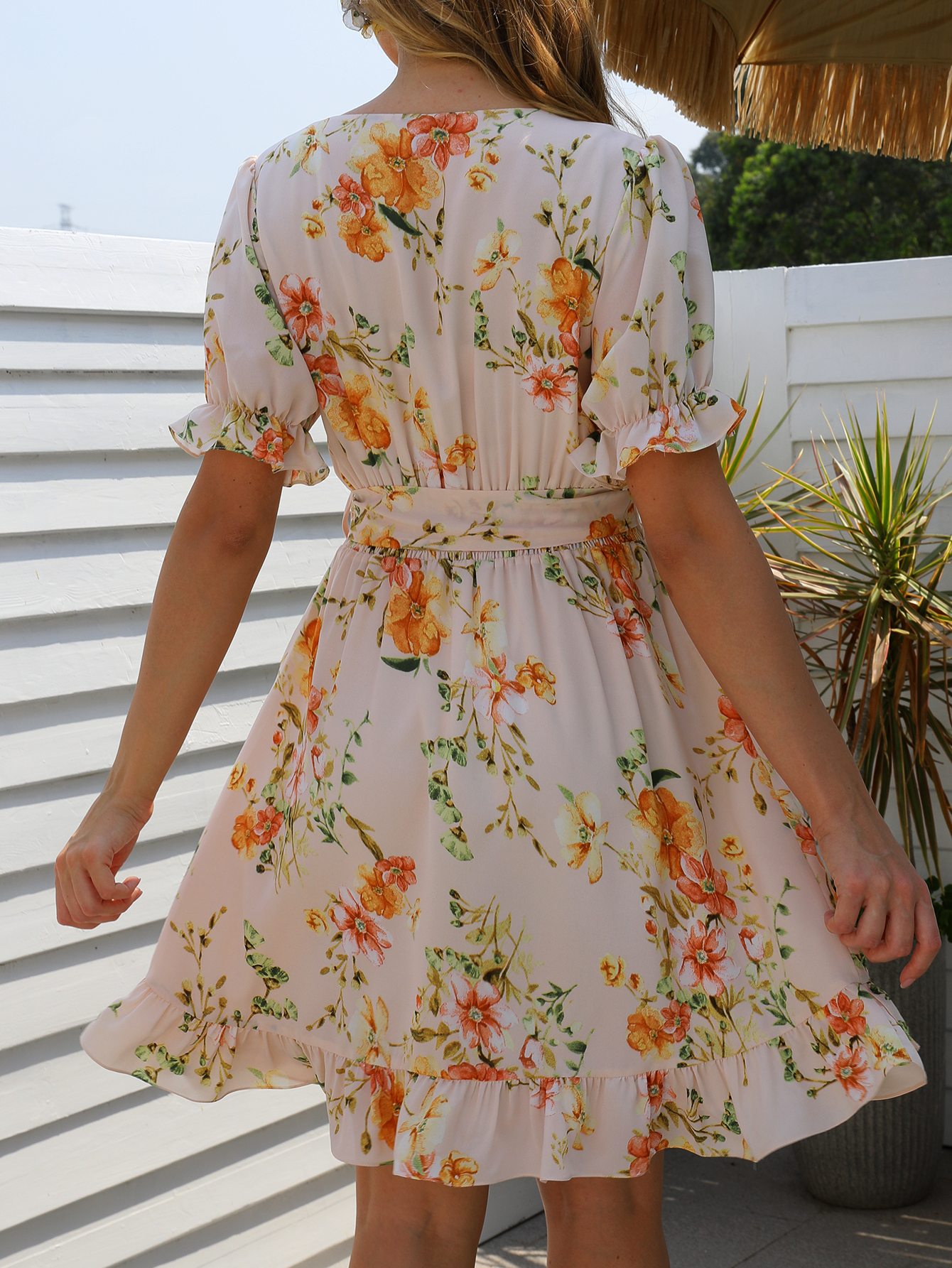 Women’s Floral Ruffle Sleeve V-Neck Mini Dress W-31936