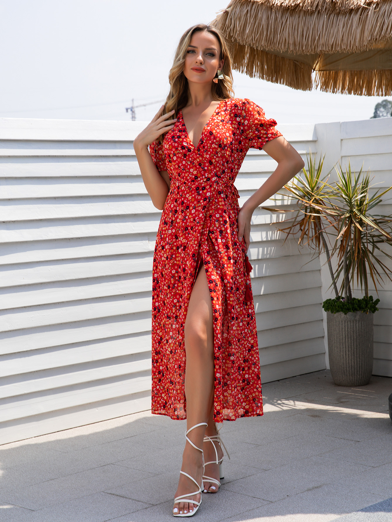 Women’s Red Floral Wrap V-Neck Midi Dress W-32068