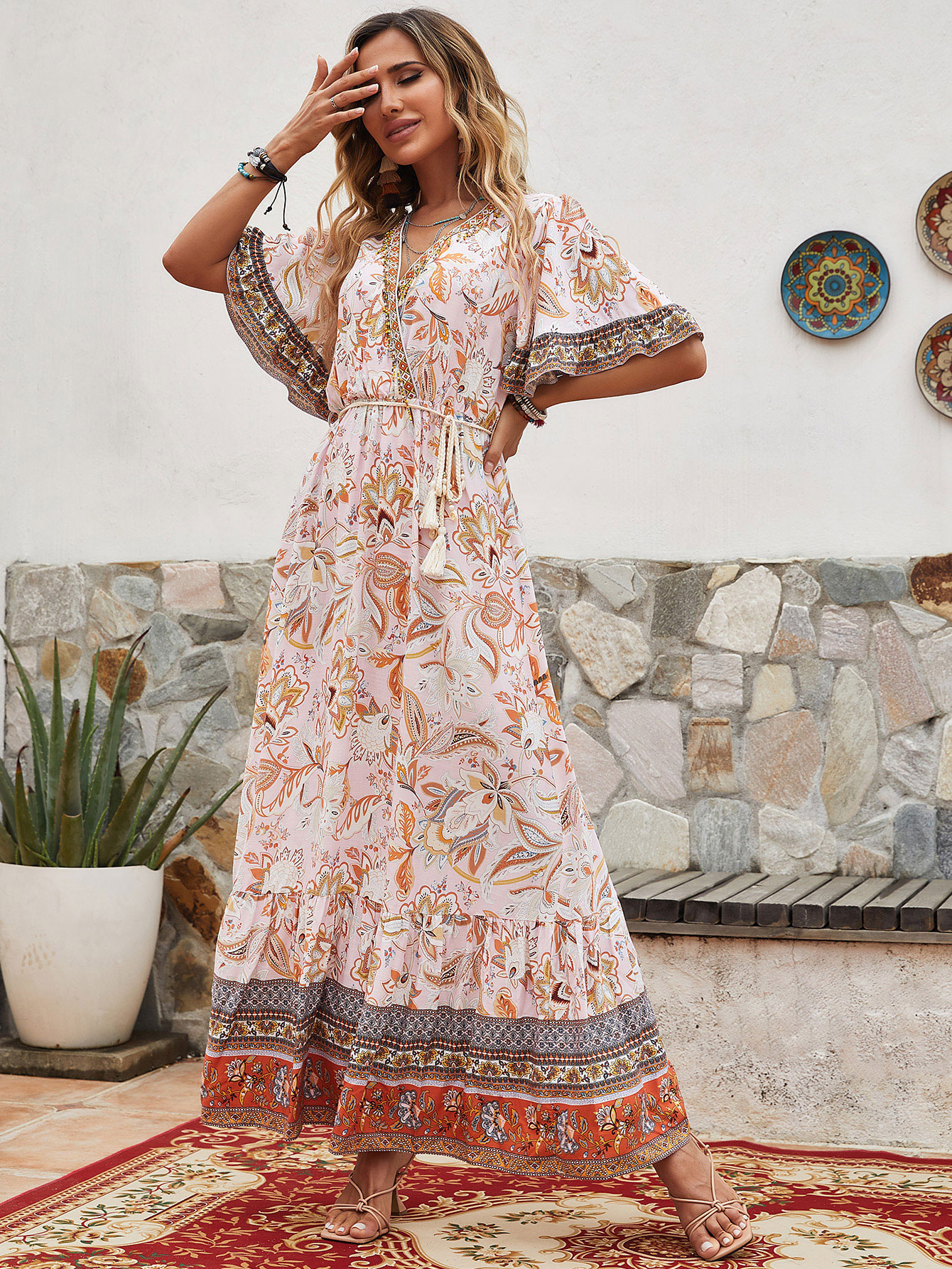 Women’s Boho Border Print Flutter Sleeve Maxi Dress W-32183