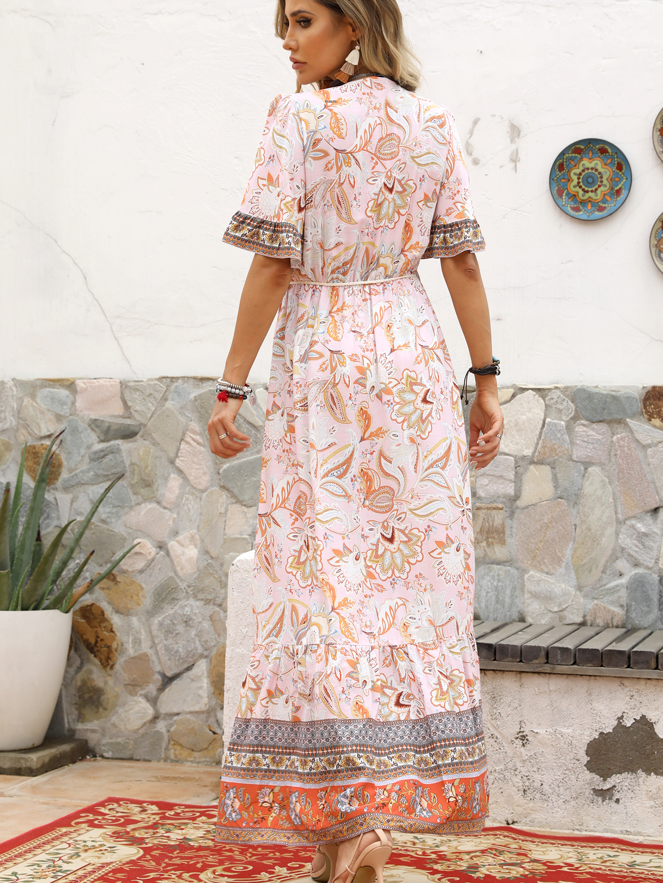 Women’s Boho Border Print Flutter Sleeve Maxi Dress W-32183