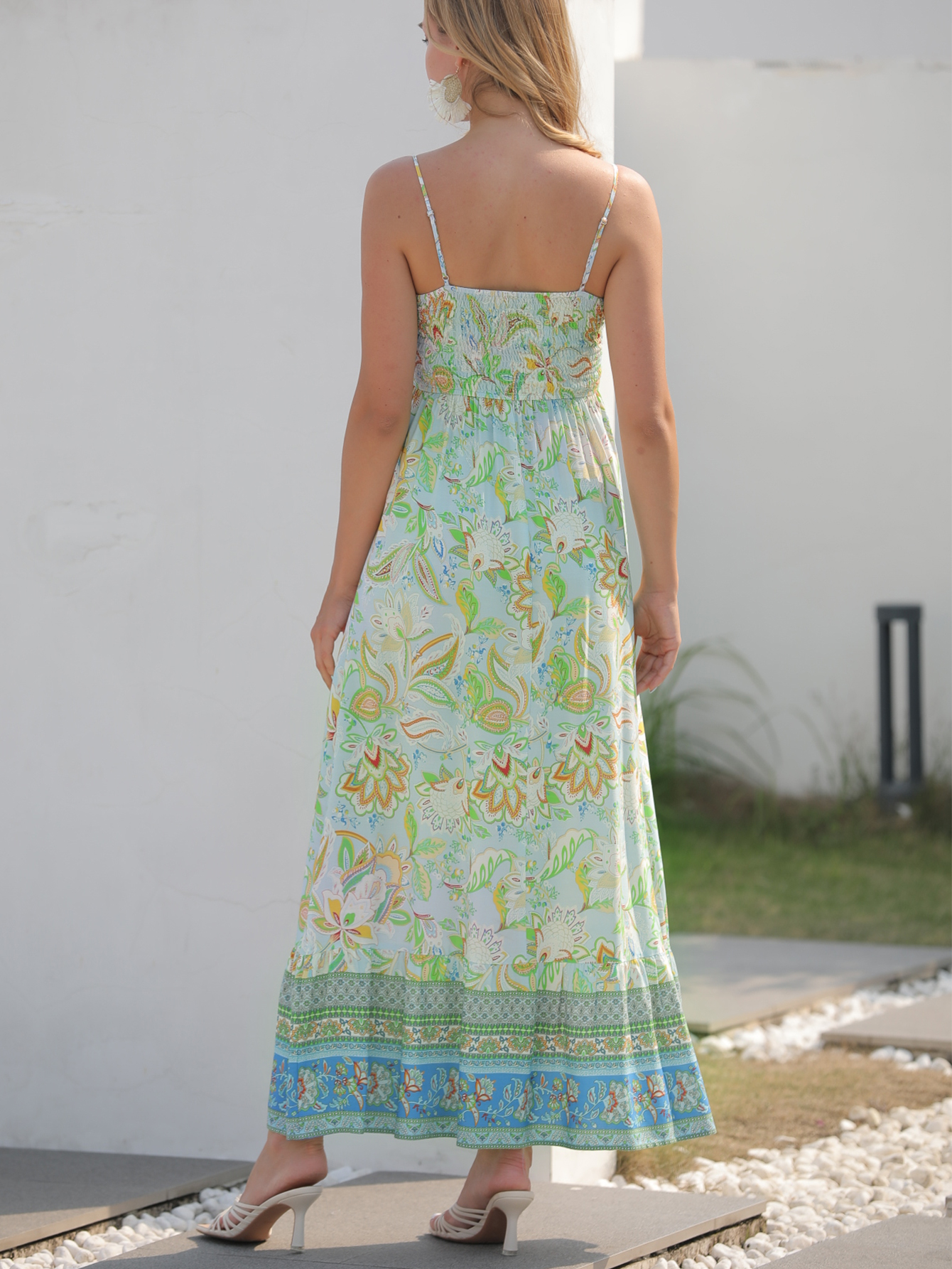 Women’s Boho Border Print Spaghetti Strap Maxi Dress W-32220