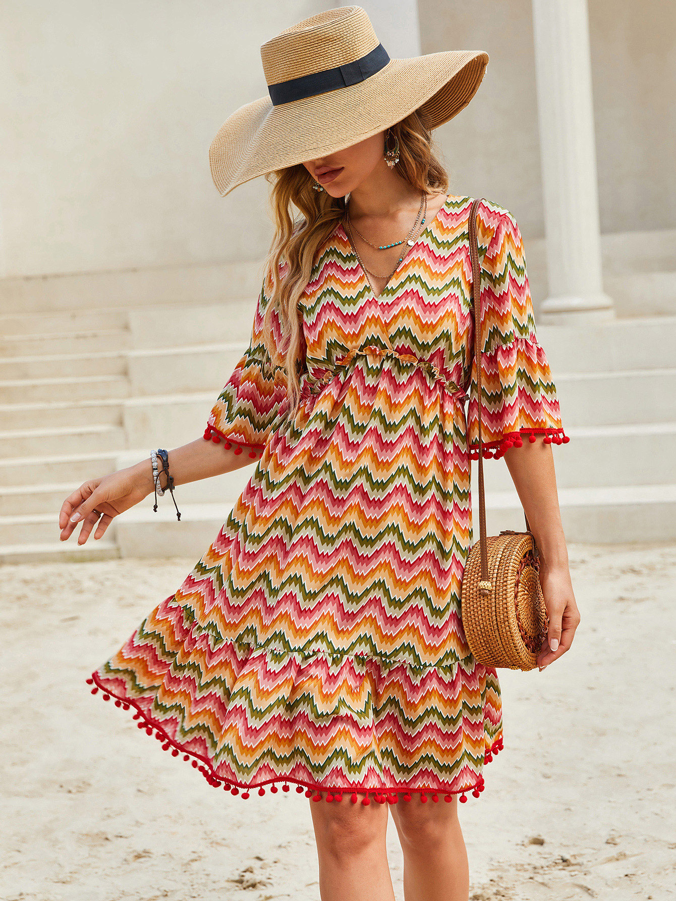 Women’s Boho Chevron Print V-Neck Babydoll Dress W-32727