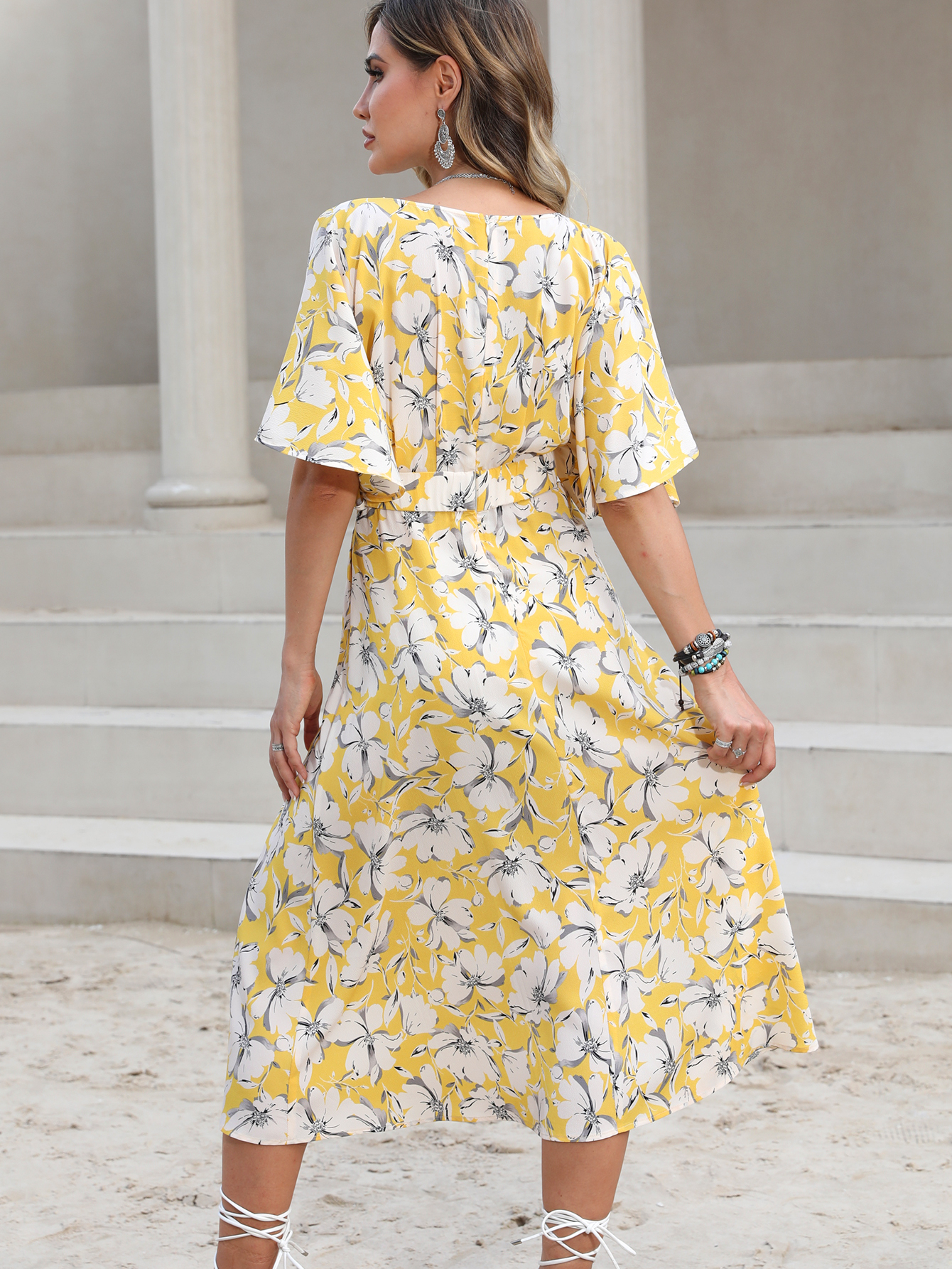 Women’s Yellow Floral V-Neck Midi Dress W-32793-1