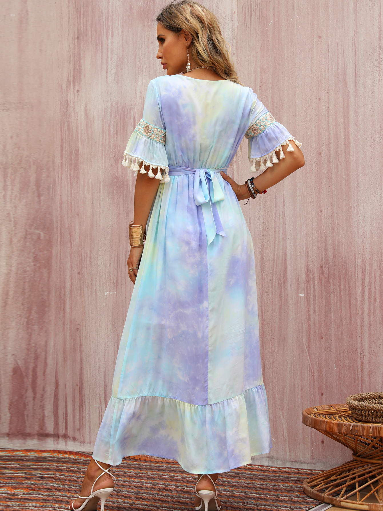 Women’s Watercolor Tie-Dye Boho Maxi Dress W-32804