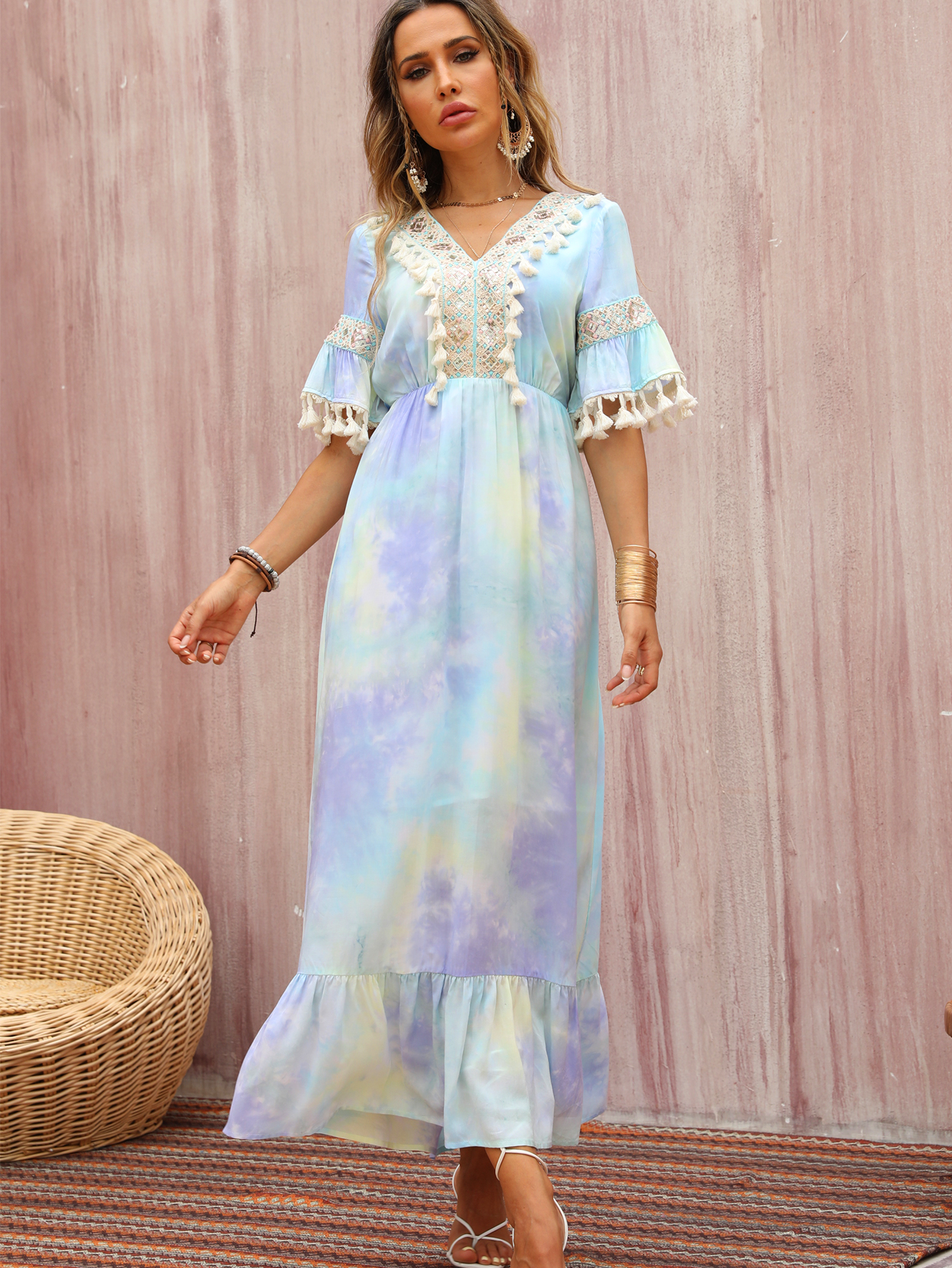 Women’s Watercolor Tie-Dye Boho Maxi Dress W-32804