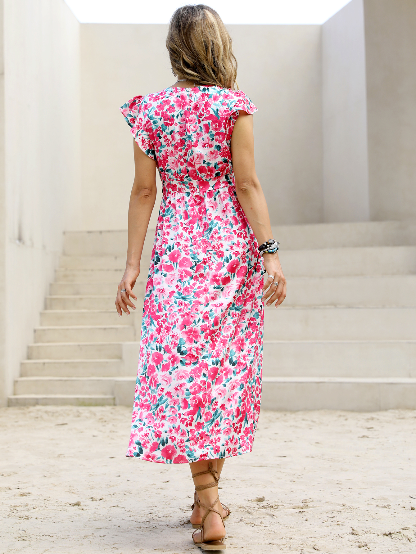 Women’s Pink Floral V-Neck Ruffle Sleeve Midi Dress W-32820