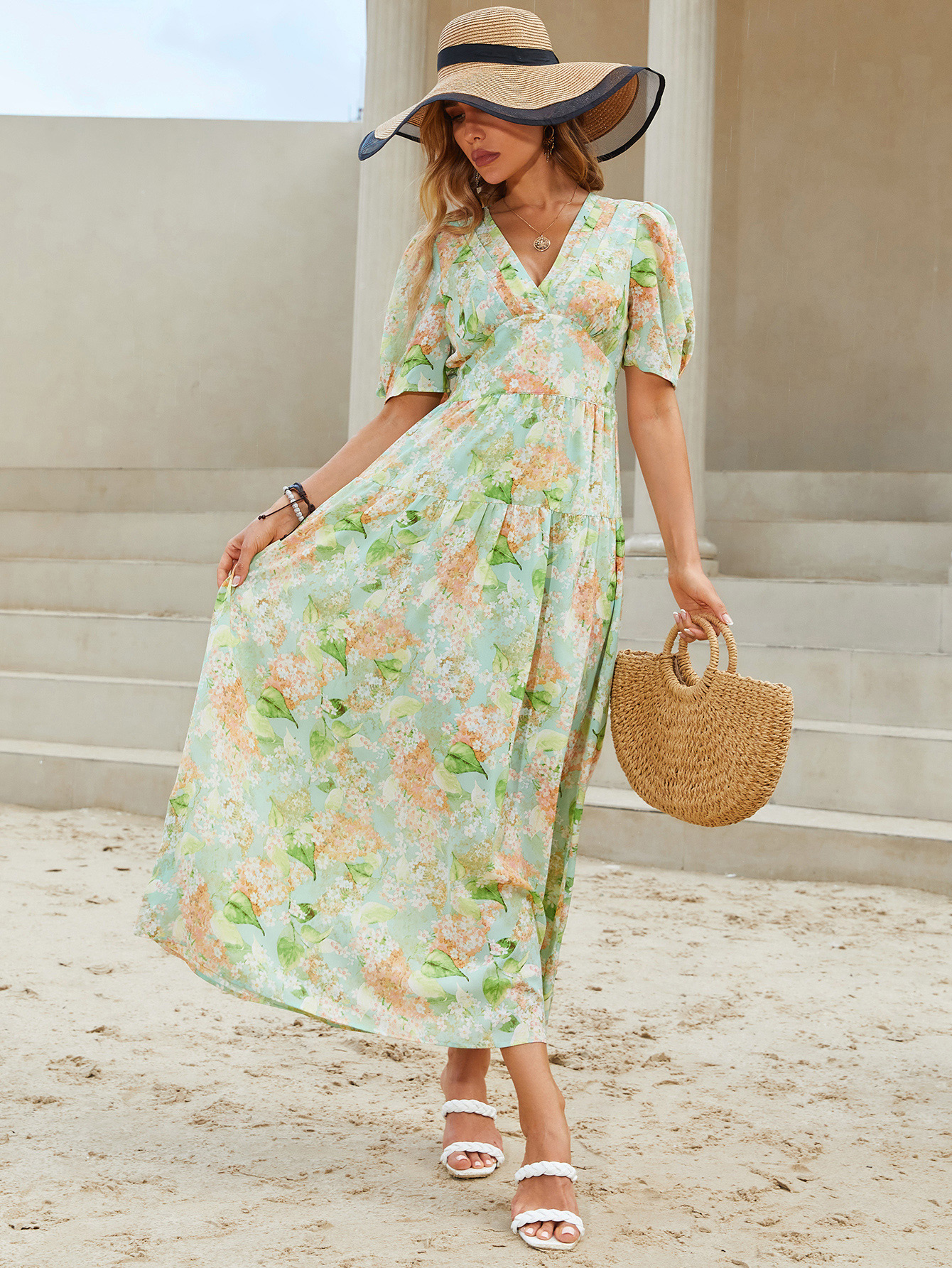 Women’s Pastel Floral V-Neck Tiered Boho Maxi Dress W-32835