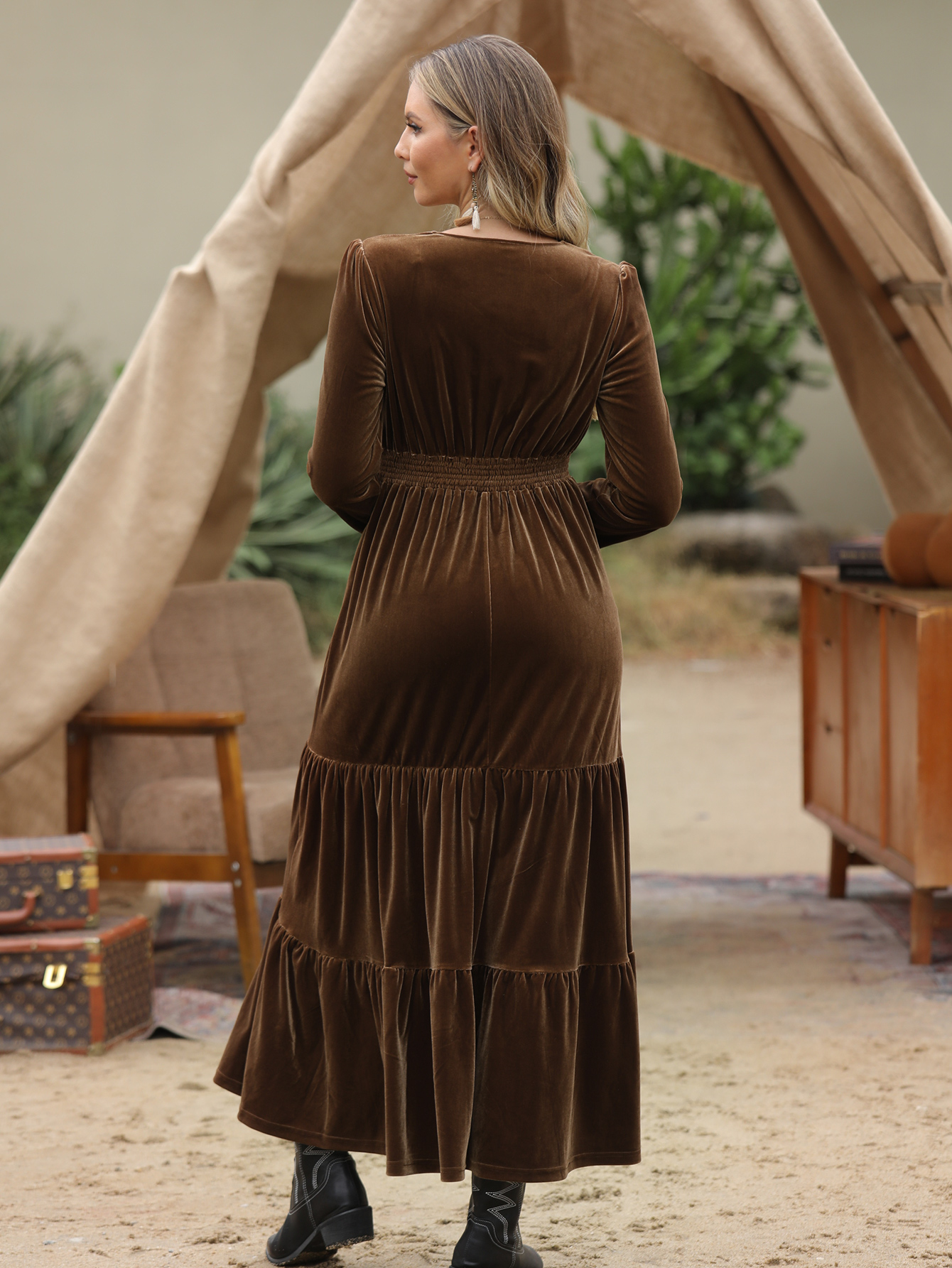 Women’s Fall Velvet Midi Dress with V Neck – Casual Western Style D-33660