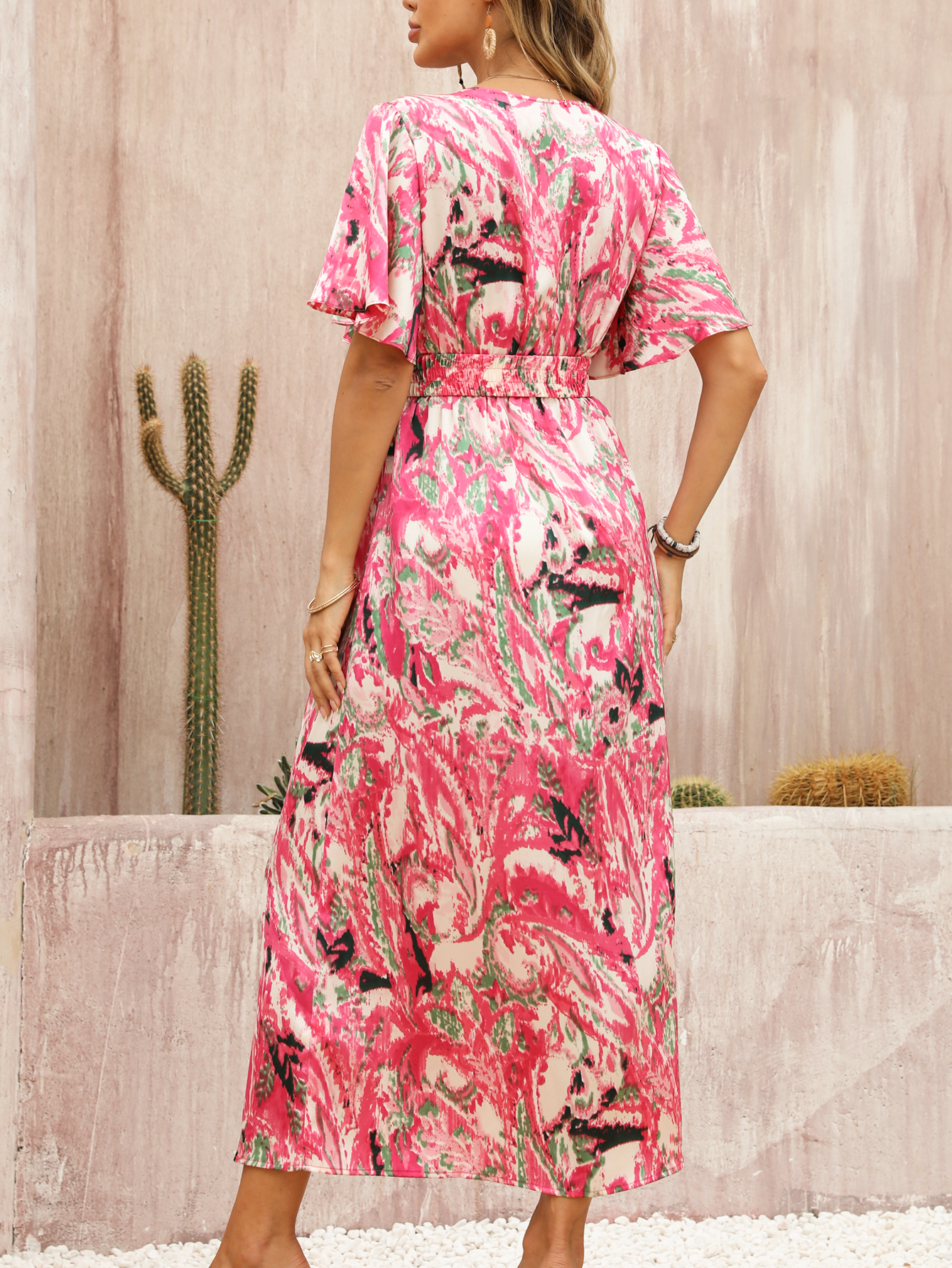 Women’s Abstract Floral V-Neck Wrap Belted Side Slit Maxi Dress W-32867