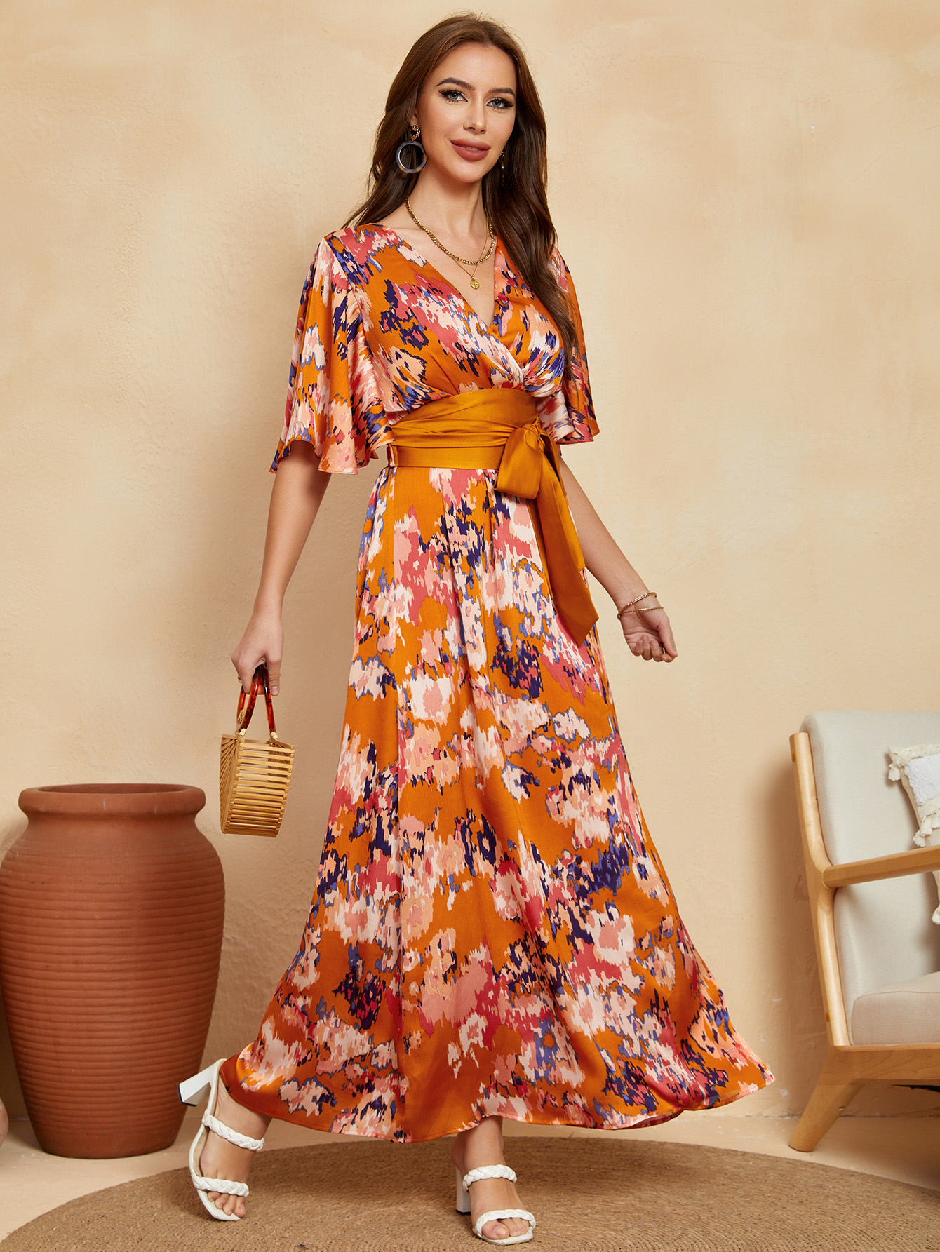 Vibrant Floral Wrap Belted Flutter Sleeve Maxi Dress W-32906