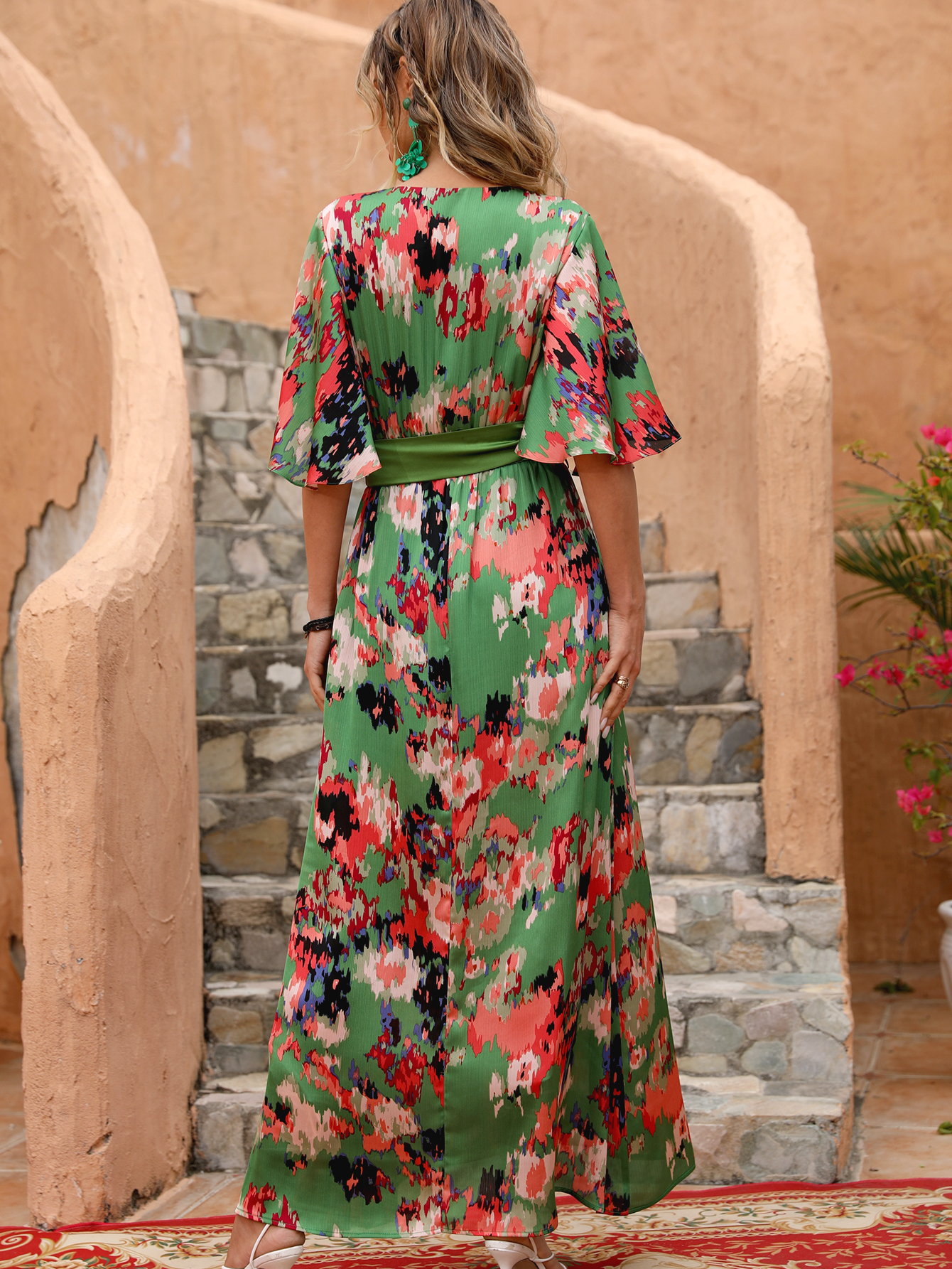 Vibrant Floral Wrap Belted Flutter Sleeve Maxi Dress W-32906