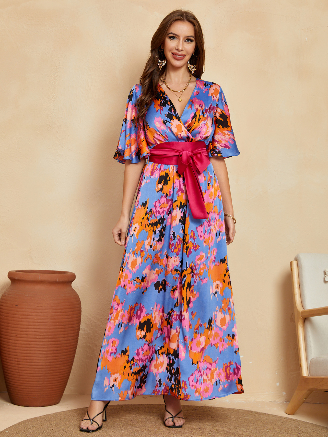 Vibrant Floral Wrap Belted Flutter Sleeve Maxi Dress W-32906