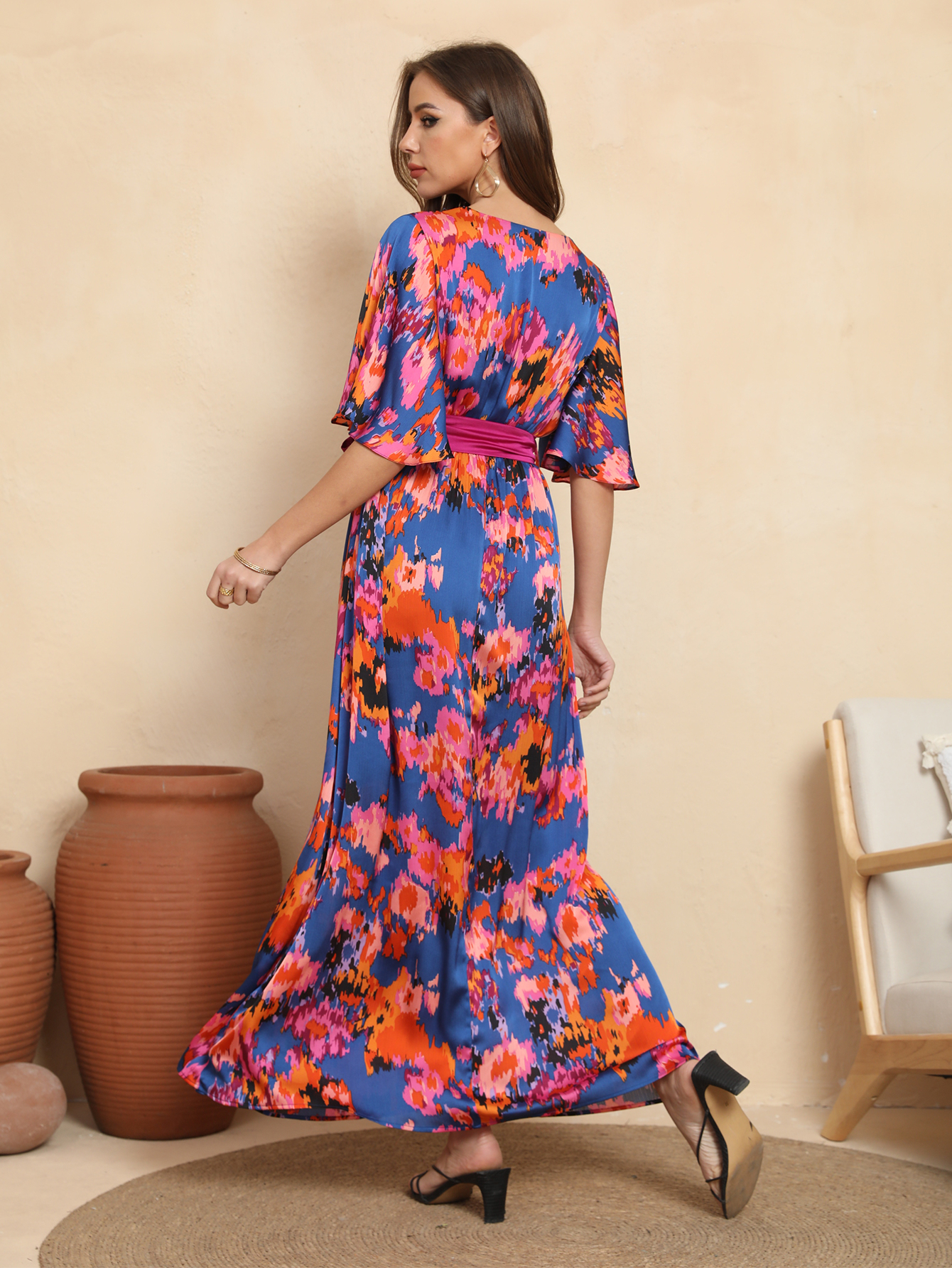 Vibrant Floral Wrap Belted Flutter Sleeve Maxi Dress W-32906